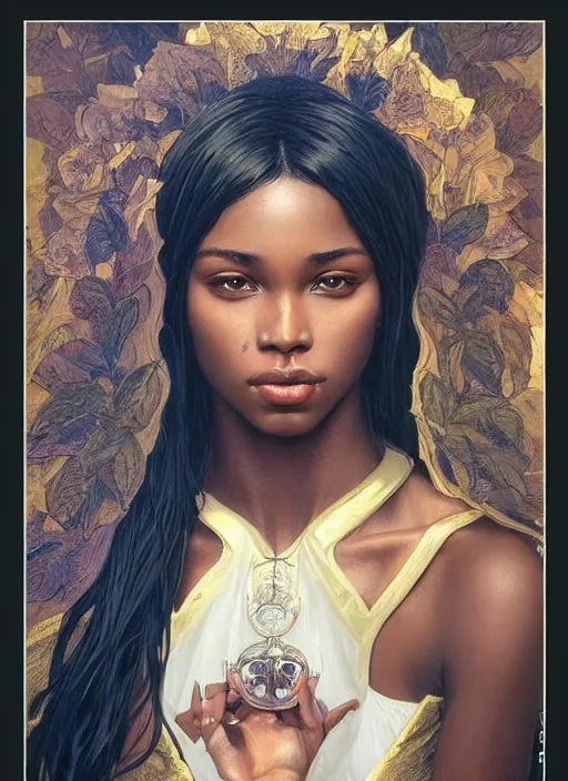 Image similar to portrait of a stunningly beautiful young black woman, highly detailed, 3 5 mm photo, artstation, concept art, sharp focus, 2 8 mm macro photo, art by artgerm and greg rutkowski and alphonse mucha, incredibly beautiful and symmetrical face, incredibly detailed, award winning art, royal