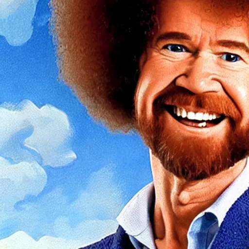 Prompt: bob ross with a really long neck and screaming at the sky