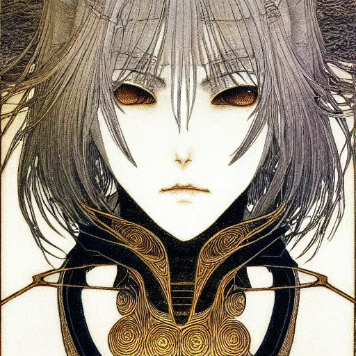 Prompt: prompt: Fragile looking vessel portrait soft light drawn by Takato Yamamoto, inspired by Fables, ancient chrome shiny knight armor, magical and alchemical weapons, soft light, white background, intricate detail, intricate oil painting detail, sharp high detail, manga and anime 2000