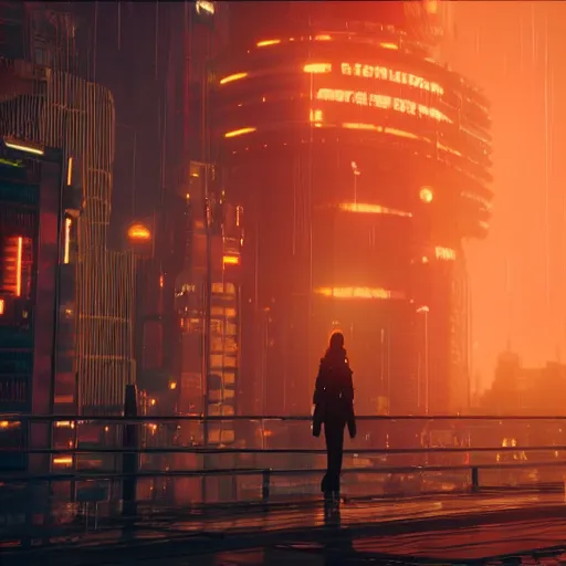 Image similar to « glowing neon lights, sunrise, cyberpunk, alita battle angel, blade runner, rainy, cold, clouds, far view, photorealistic, unreal engine 5, sharp focus »