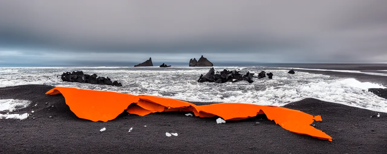 Image similar to cinematic shot of giant orange and white military spacecraft wreckage on an endless black sand beach in iceland with icebergs in the distance, 2 8 mm, shockwave