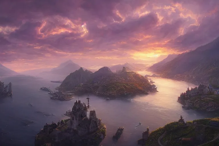 Image similar to high aerial shot, fantasy landscape, sunset lighting ominous shadows, cinematic fantasy painting, dungeons and dragons, a charming port town surrounded by gentle hills, harbor, bay by jessica rossier and brian froud