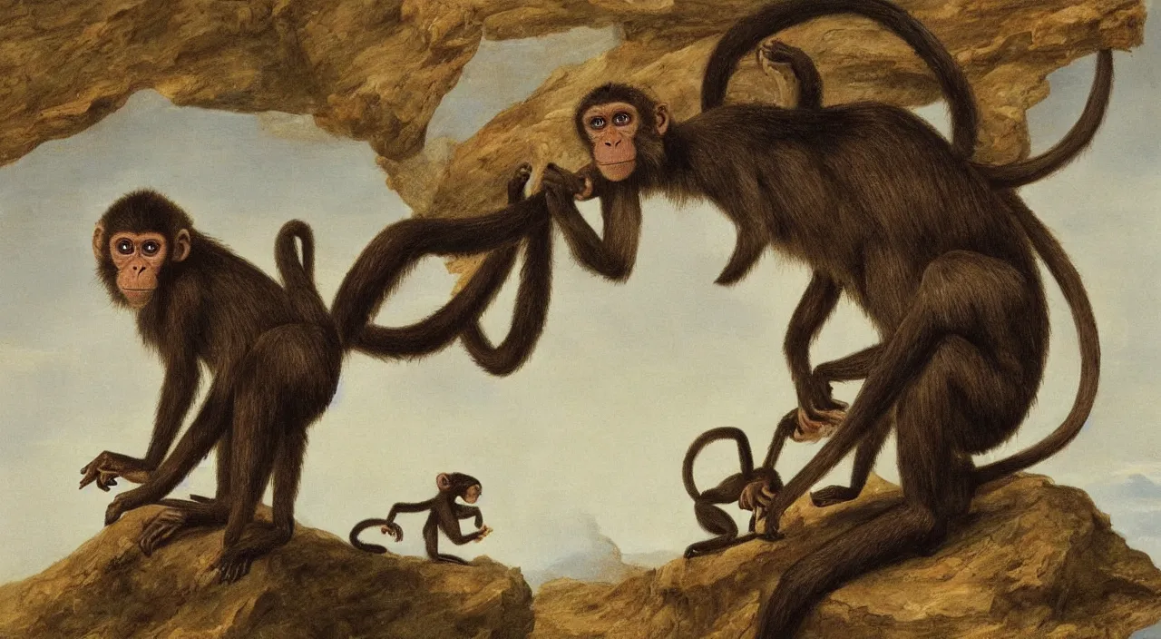 Image similar to a monkey sitting on a giant ant, by most renowned artist of the romanticism, hiperrealism,