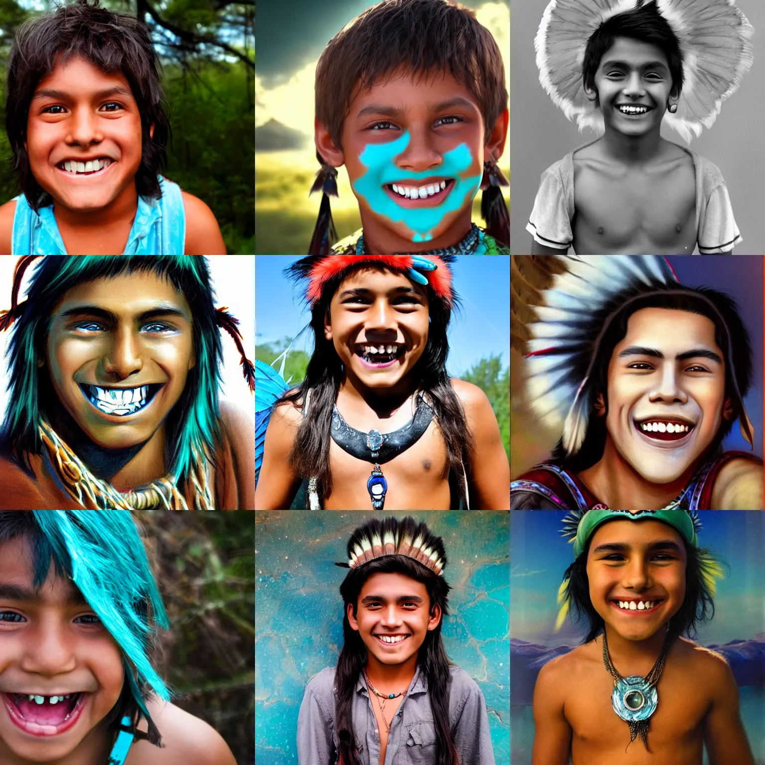 Prompt: a fantasy picture of a beautiful native american boy with large mysterious turquoise eyes smiling with an open mouth, showing his shining white teeth