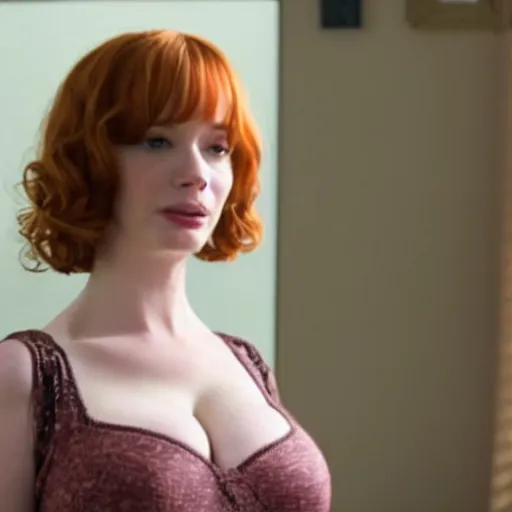 Prompt: a very surprised looking beautiful Christina Hendricks in a miniskirt in the living room, film still from the movie directed by Denis Villeneuve , wide lens