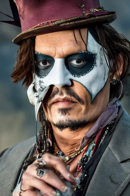 Prompt: johnny depp as the mask, 8 k, hdr, great light, by greg rutkowski and annie leibowitz