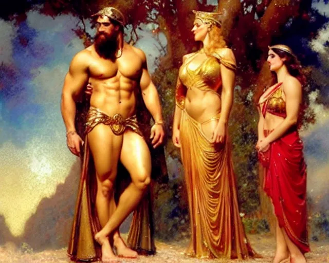 Image similar to distracted boyfriend meme of zeus ignoring hera to look at adonis, painting by gaston bussiere, craig mullins, j. c. leyendecker