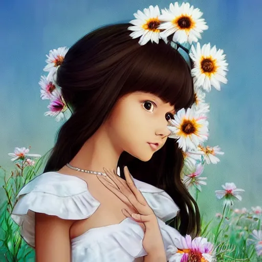 Prompt: little brown girl with flowers in hair wearing an white dress. art by ilya kuvshinov, profile picture, inspired in hirohiko araki, realistic, highly detailed, 8 0 s anime art style, vogue cover