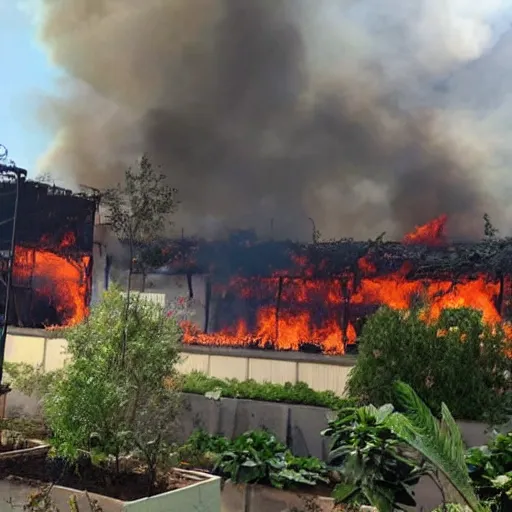 Prompt: The gardening center section of a Lowe's Warehouse, on fire