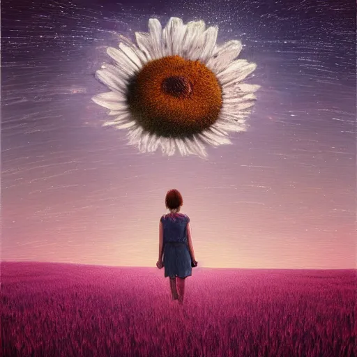 Image similar to giant daisy flowers as a head, girl walking in wheat field, hills, surreal photography, dark night, star trails, impressionist painting, dramatic clouds, digital painting, artstation, simon stalenhag