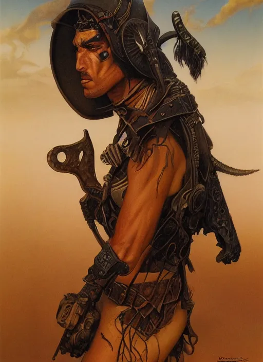 Image similar to portrait of desert warrior by gerald brom, dark fantasy, oil painting, highly detailed, elegant, sharp focus