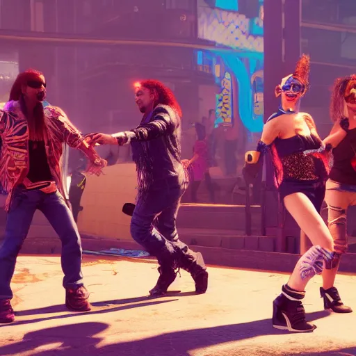 Image similar to Dancing hippies Cyberpunk 2077. CP2077. 3840 x 2160