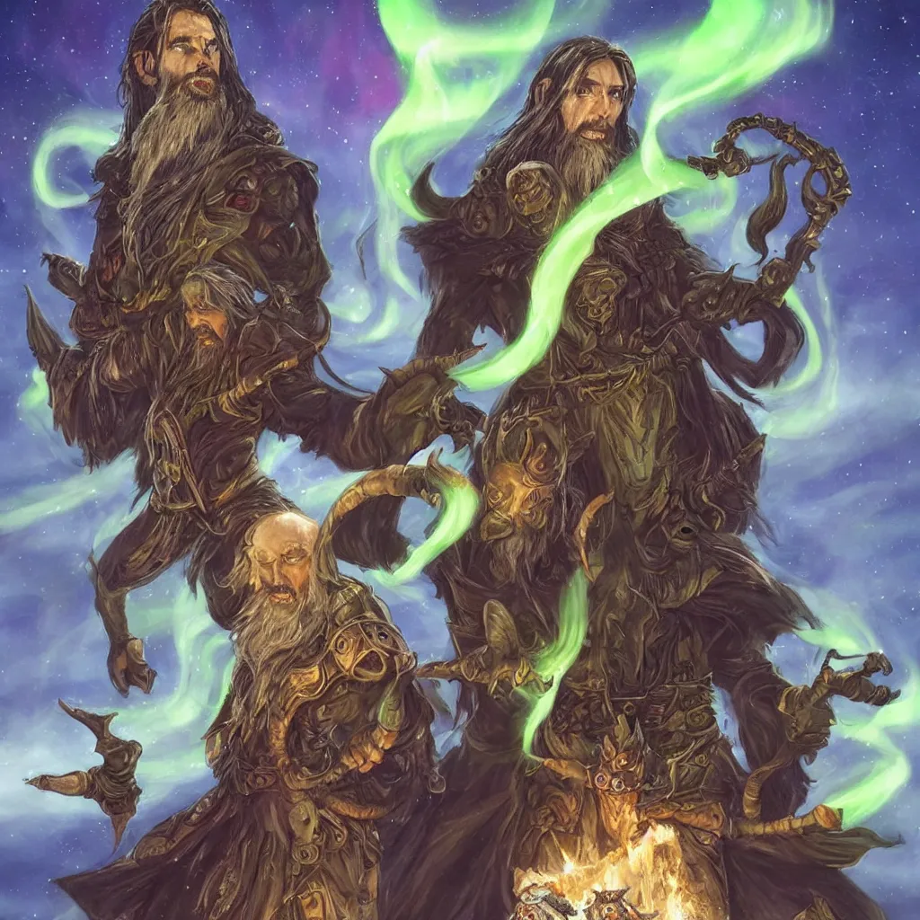 Image similar to dungeons and dragons, realistic,full body long hair goatee warlock with pet imp, magic aura, northern lights