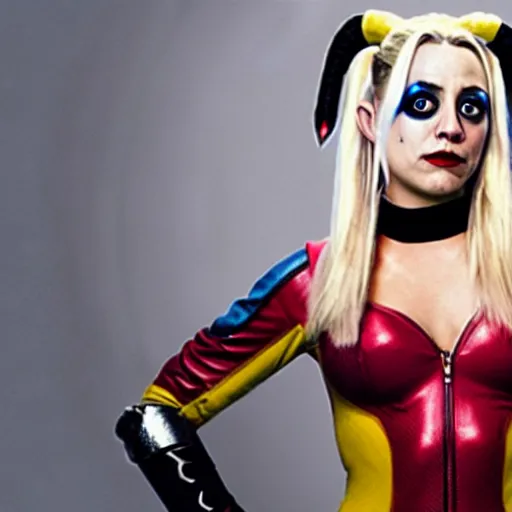 Prompt: A still of Kaley Cuoco as Harley Quinn, comics-accurate outfit