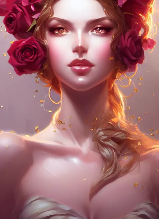 Prompt: modern goddess of beauty wide angle view, roses, flowers, gold, diamonds, highly detailed, artgerm, cushart krenz, artstation, soft light, sharp focus, illustration, character design, concept art