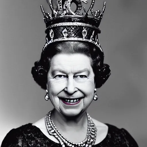 Image similar to queen elizabeth as a reptile, snake woman, snake person