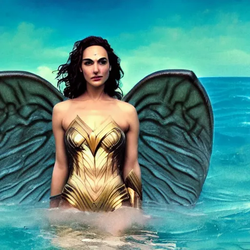 Image similar to Full body photo of the beautiful woman Gal Gadot as a siren, she is swimming, she has a glow coming from her, she is getting illuminated for rays of light that cross the sea, the photo was taking by Annie Leibovitz, matte painting, oil painting, naturalism, 4k, 8k