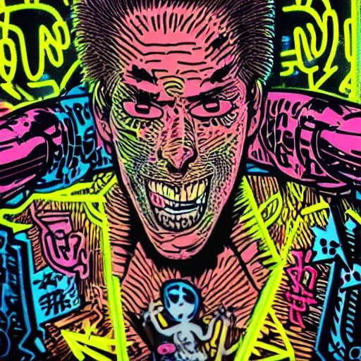 Image similar to pop art of a punk at a japanese metal concert in a cyberpunk world, bright neon colors, intricate details, complementary colors, detailed face, backlighting, octane render, depth of field, extremely detailed, trending in artstation, focus on face, sharp focus, radiant light, beautiful composition, drawn by roy lichtenstein, keith haring, romero britto