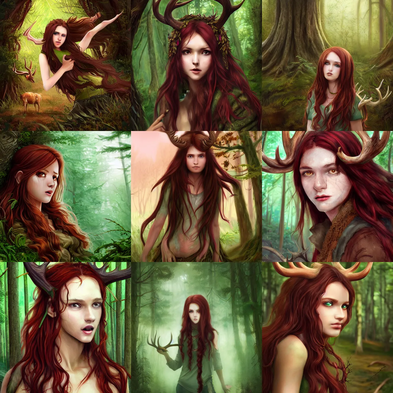 Prompt: teen of the forest with long dark red hair, wavy hair, brown skin, ragged green forest clothes, ram antlers, fangs, big brown eyes, fantasy setting, realistic, digital painting, epic, detailed, high - fantasy