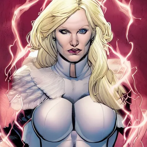 Prompt: Portrait of Emma Frost, a beautiful woman in her 30s, with white blonde hair and blue eyes, symmetrical face, detailed delicate features, graphic novel, art by Ardian Syaf and Chris Bachalo,