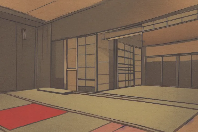 Image similar to high detail concept art of japanese room, sen no rikyu, urasenke, tokonoma, paint style