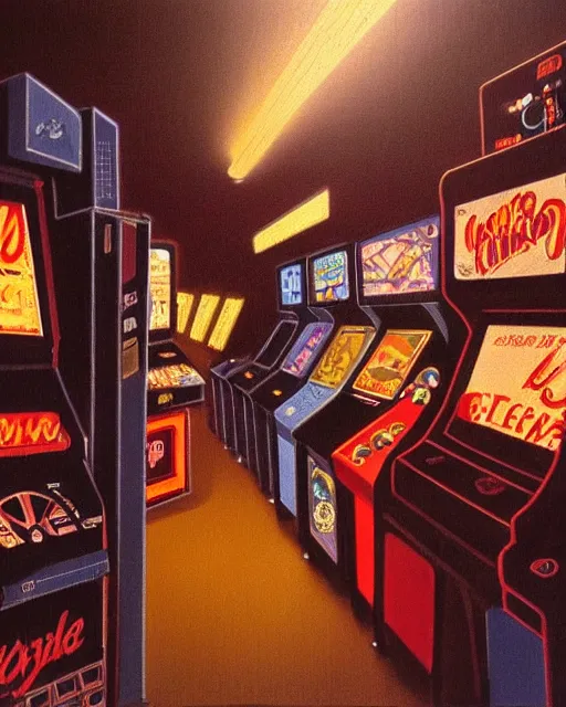 Image similar to arcade at night. 8 0 s era technology, vintage shapes, retro technology, vintage color, wayne barlow, oil on canvas, deep depth of field, masterpiece, cinematic composition, hyperdetailed