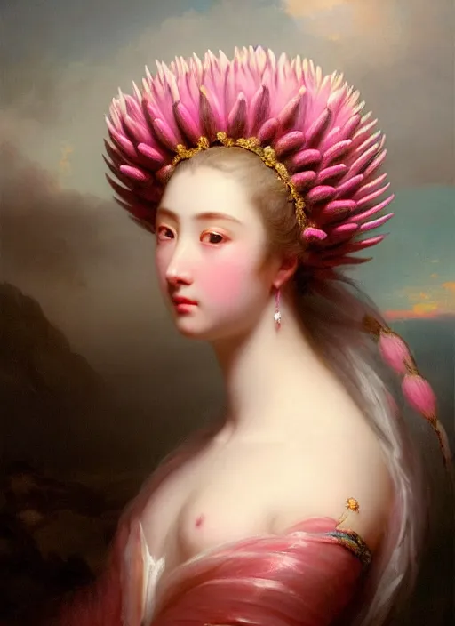 Image similar to stunning corean godess princess, detailed pink and white protea head peace against a black backdrop by ivan aivazovsky, wlop, super sharp details, photorealism, 5 0 mm lens, oil painting, beautiful soft lighting, muted colours, artstation