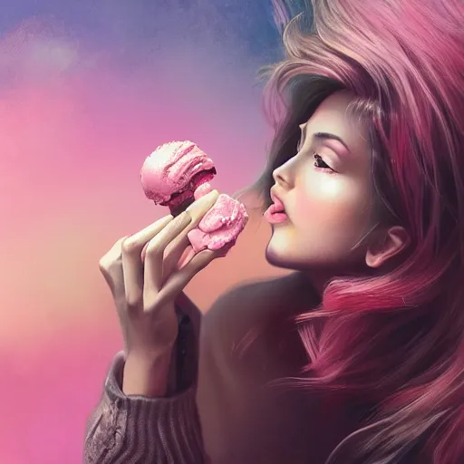 Prompt: beautiful girl eat a pink ice cream on nature background, acrilic paint, digital, artstation, detailed intricate ink illustration, heavenly atmosphere, digital art, overdetailed art, concept art, complementing colors, trending on artstation, cgstudio, the most beautiful image ever created, dramatic, subtle, details, award winning artwork, beautiful scenery