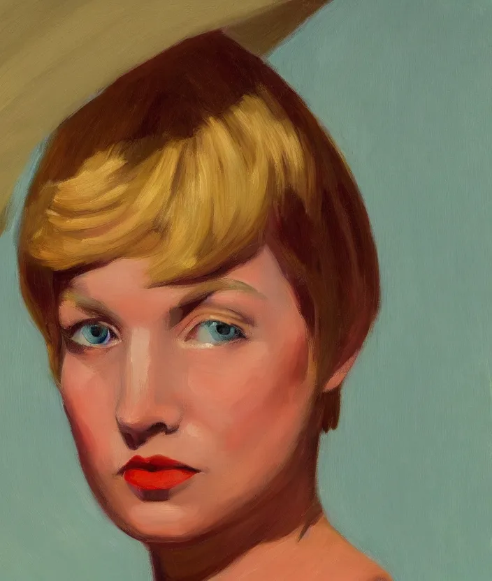 Image similar to a closeup portrait of woman with a blonde bob with bangs, in the style of edward hopper, very fine brush strokes, 4 k,