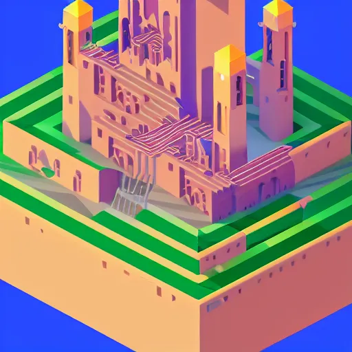 Prompt: isometric art of a cyberpunk cathedral in clouds, kurzgesagt channel, monument valley, 3 d computer generated art, kurzgesagt, isometric, good lighting