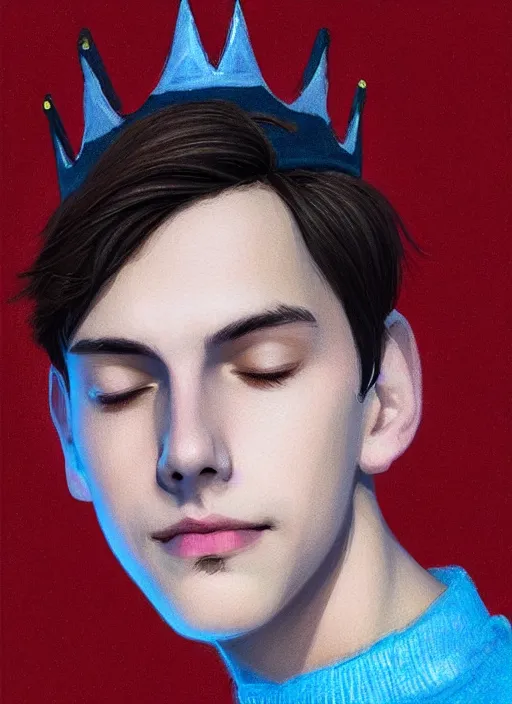 Image similar to portrait of teenage jughead jones wearing a light grey crown, crown, blue turtleneck, closed eyes, eyes closed, smile, crown, black hair, intricate, elegant, glowing lights, warm lighting, highly detailed, digital painting, artstation, concept art, smooth, sharp focus, illustration, art by wlop, mars ravelo and greg rutkowski