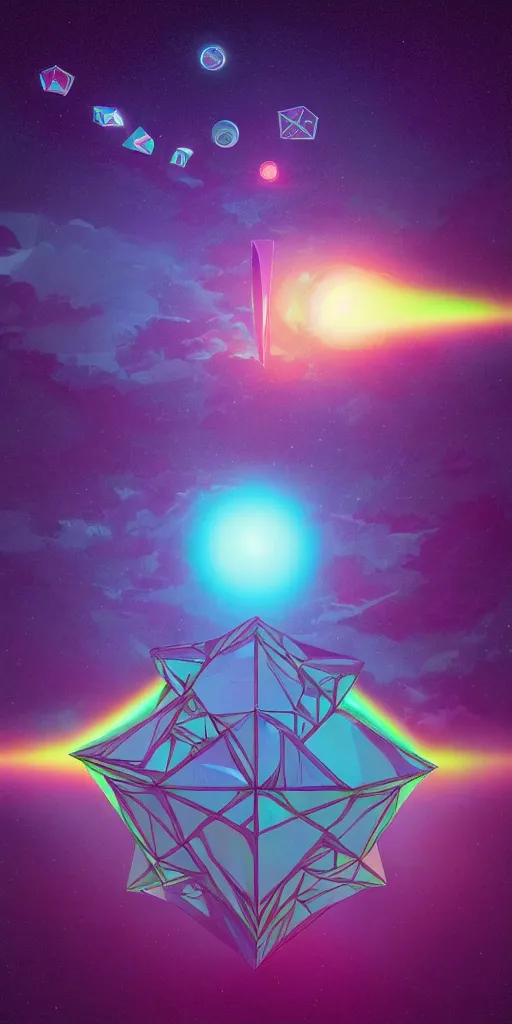 Prompt: vaporwave, beeple, surreal vfx, global illumination, a painting by ralph mcquarrie of floating molecules and icosahedron with stars, clouds, and rainbows in the background, trending on artstation, masterpiece, incredible details