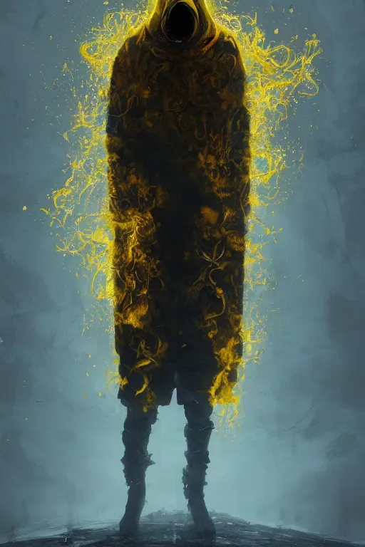 Image similar to A full body portrait of a mysterious character with no face with a very long hooded yellow cloak, a golden crown floating above his head tentacles coming out the ground art by Maciej Kuciara and Jason Chan, ominous, cosmic horror, trending on artstation, Ultra detailed, hyper realistic 4k