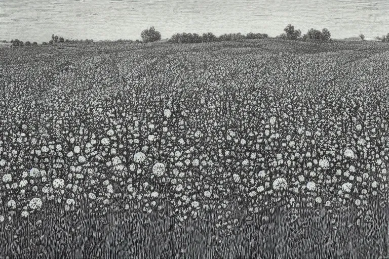 Prompt: black and white, close-up flower field, Gustave Dore lithography