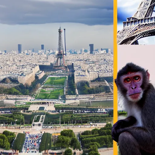 Image similar to high quality portrait of a monkey in front of eiffel tower, studio photograph, photograph, realistic photo, 8k photo, 4k photo, stock photo, high resolution, cinematic shot, high detail