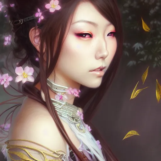 Image similar to Portrait of japanese gyaru, D&D, dark fantasy, sakura blooming on background, intricate, elegant, highly detailed, digital painting, artstation, concept art, smooth, sharp focus, illustration, art by artgerm and greg rutkowski and alphonse mucha