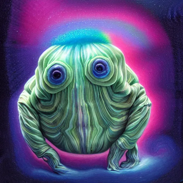 Image similar to a highly detailed tardigrade, it has rainbow hair and a beautiful unconventional face, floating through deep space, elegant, hyperrealistic, digital painting, artstation, realism, concept art, pop, smooth, mythological, sharp focus, qualia, illustration, art by mark ryden 3 d 8 k ultra detailed