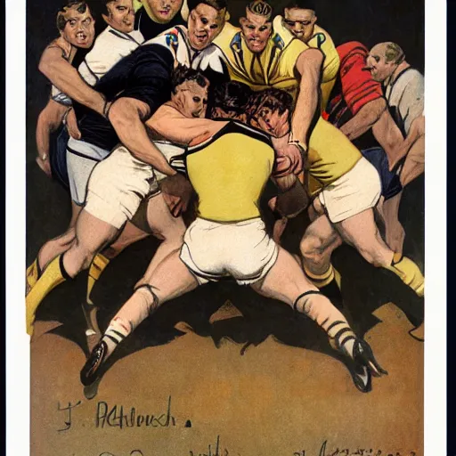 Image similar to 1920s full color illustraion by J.C. Leyendecker of handsome male rugby players in a scrum on the field, rugby ball on the ground in between the handsome rugby players