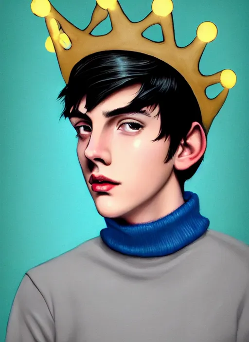 Image similar to portrait of teenage jughead jones wearing a light grey crown, crown, blue turtleneck, 1 9 5 0 s, closed eyes, photorealistic, black hair, glowing lighting, intricate, elegant, glowing lights, highly detailed, digital painting, artstation, concept art, smooth, sharp focus, illustration, art by wlop, mars ravelo and greg rutkowski