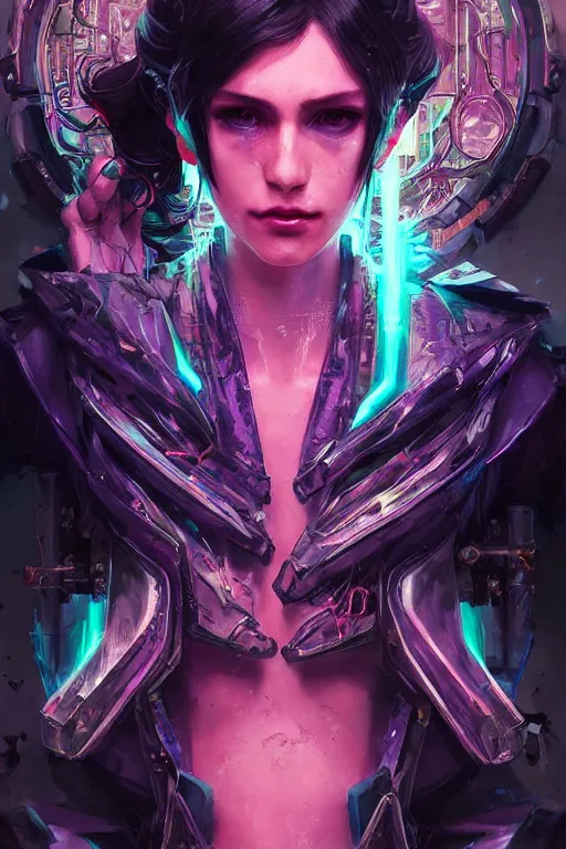 Image similar to morgana from league of legends, cyberpunk futuristic neon. veins and living pipes everywhere, decorated with traditional japanese ornaments by ismail inceoglu dragan bibin hans thoma greg rutkowski alexandros pyromallis nekro rene maritte illustrated, perfect face, fine details, realistic shaded, fine - face, pretty face, masterpiece