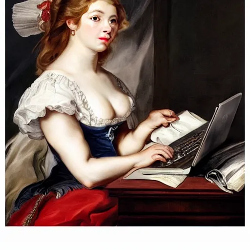 Image similar to heavenly summer sharp land sphere scallop well dressed lady working on her laptop auslese, by peter paul rubens and eugene delacroix and karol bak, hyperrealism, digital illustration, fauvist, looking at her imac laptop