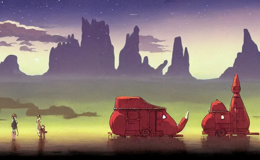 Image similar to a realistic cell - shaded studio ghibli concept art from paprika ( 2 0 0 6 ) of a cubic multi - colored rocketship from close encounters of the third kind ( 1 9 7 7 ) in a flooded monument valley stonehenge jungle jungle on a misty starry night. a camel caravan is in the foreground. very dull colors, portal, hd, 4 k, hq