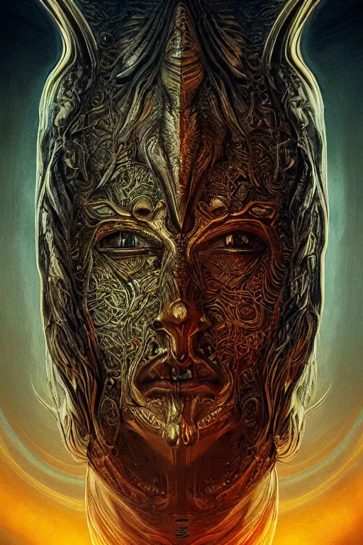 Prompt: majestic totem death mask portrait, elden ring, intricate artwork masterpiece, psychedelic, matte painting movie poster, golden ratio, trending on cgsociety, intricate, epic, trending on artstation, by h. r. giger and zdizslaw beksinski, highly detailed, vibrant, production cinematic character render, ultra high quality model