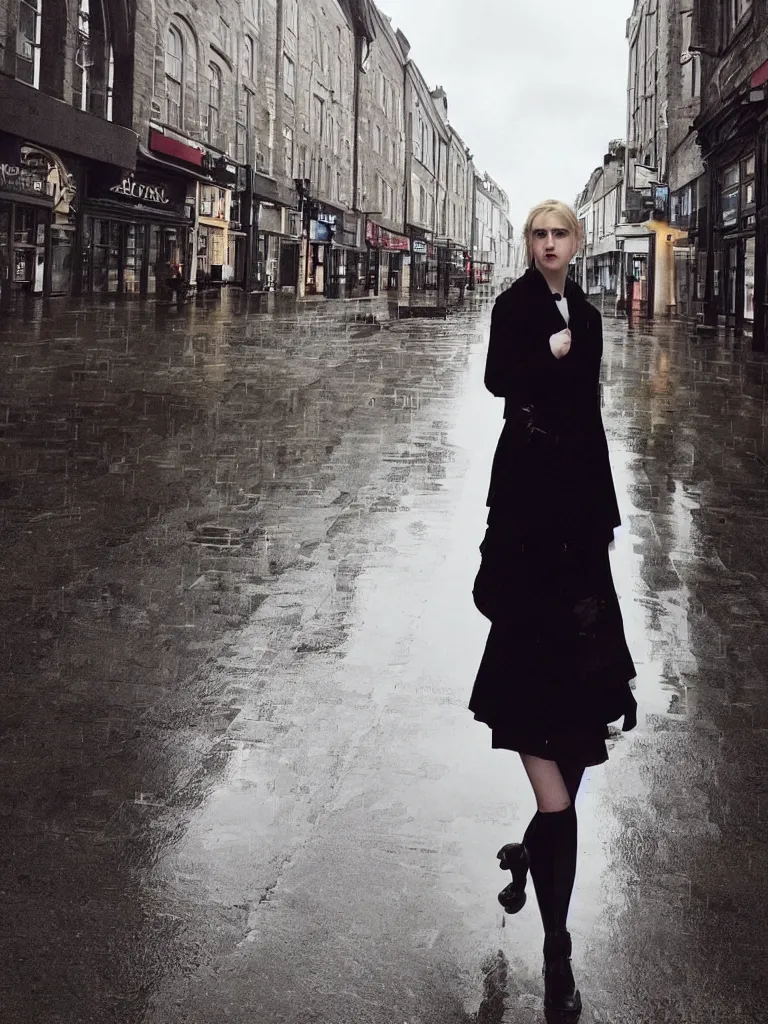 Image similar to cute annie leonhart in the dunwall city centre, dunwall city, beautiful face, natural lighting, rainy weather, gothic architecture, natural reflections, model agency, instagram photo, depression atmosphere, shot on iphone 1 3 pro, natural beauty, beautiful girls