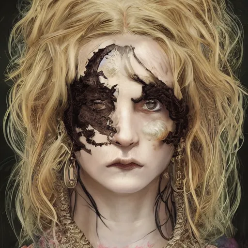 Image similar to portrait of a Shibari rope wrapped face and neck, headshot, insanely nice professional hair style, dramatic hair color, digital painting, of a old 13th century, traveler, amber jewels, baroque, ornate clothing, scifi, realistic, hyper detailed, chiaroscuro, concept art, art by Franz Hals and Jon Foster and Ayami Kojima and Amano and Karol Bak,