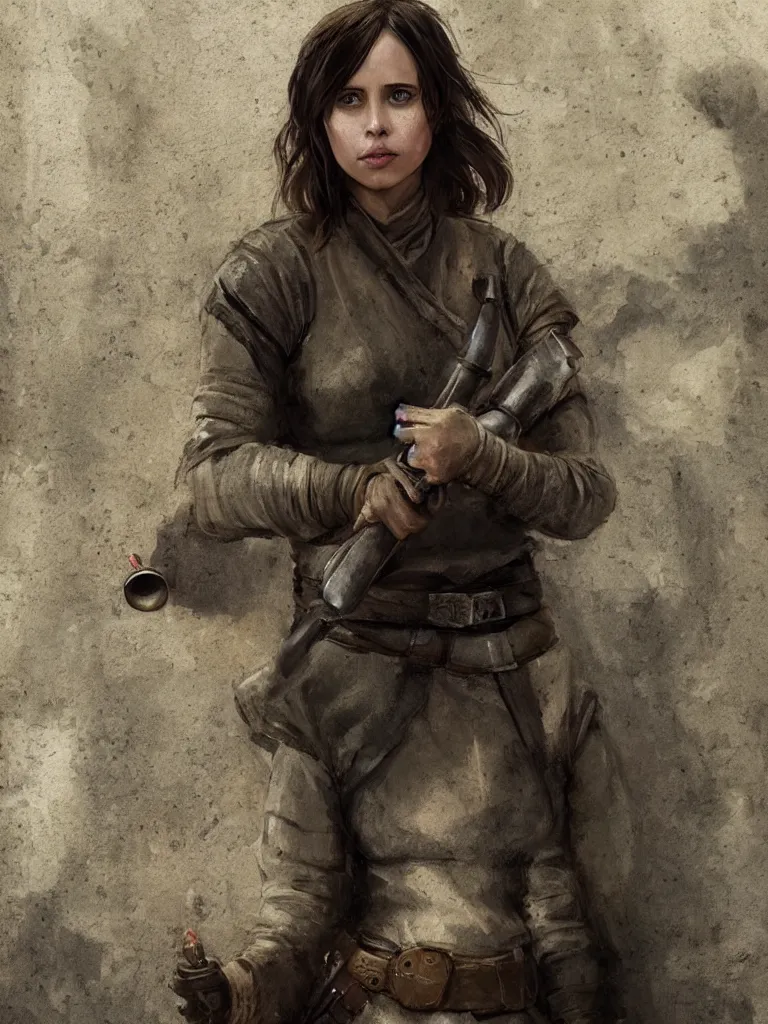 Image similar to portrait of jyn erso as a beautiful medieval wench in a stone courtyard holding a modern telephone, low cut, confident pose, coherent, insane detail, concept art, character concept, cinematic lighting, global illumination radiating a glowing aura