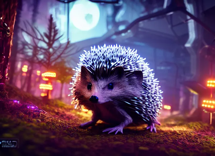 Image similar to intricate hedgehog with leds instead of needles, on the background of a weird magical mechanical forest. Very detailed 8k. Fantasy cyberpunk horror. Sharp. Cinematic post-processing. Unreal engine. Nanite. Ray tracing. Parallax. Tessellation