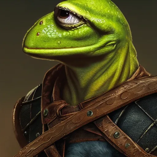 Image similar to Epic Masterpiece head and shoulders portrait of Kermit as Geralt in the Witcher 3 Wild Hunt drawn by Donato Giancola and Tom Bagshaw, Edmund Leighton, Alphonse Mucha, 4k, volumetric lighting, komorebi, trending on artstation, octane render, hyperrealistic