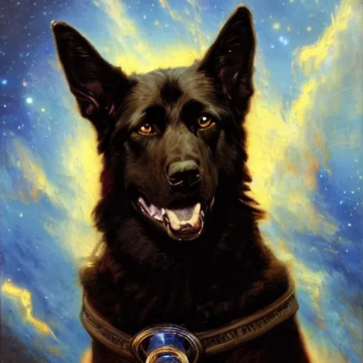 Image similar to a portrait of a black german shepard dogman canine star trek chief engineer the next generation. highly detailed painting by gaston bussiere, craig mullins, j. c. leyendecker, furry