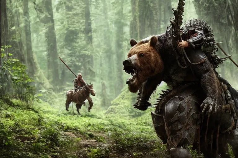 Image similar to vfx movie closeup detailed ancient armored warrior orc hunting riding large bear in the forest, natural lighting by emmanuel lubezki